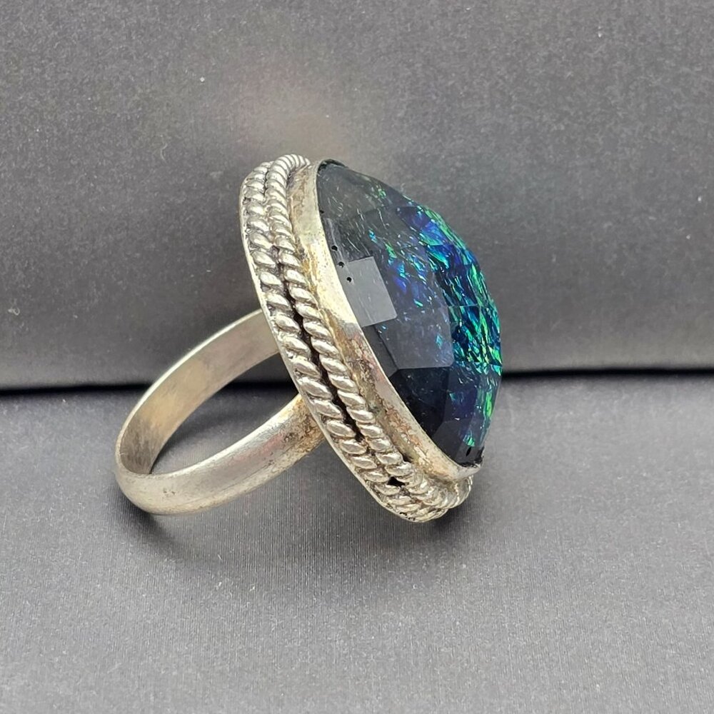 925 Sterling Silver Plated Faux Opal Ring Size 9.5 Bezel Setting Fine Jewelry - Picture 6 of 13